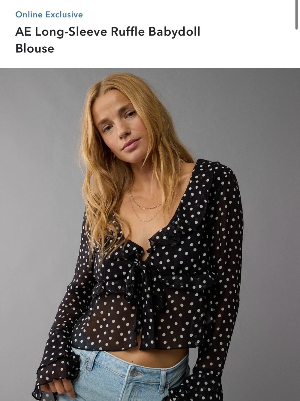 American Eagle Outfitters Black White Polka Dot Ruffle Tie-Front Blouse